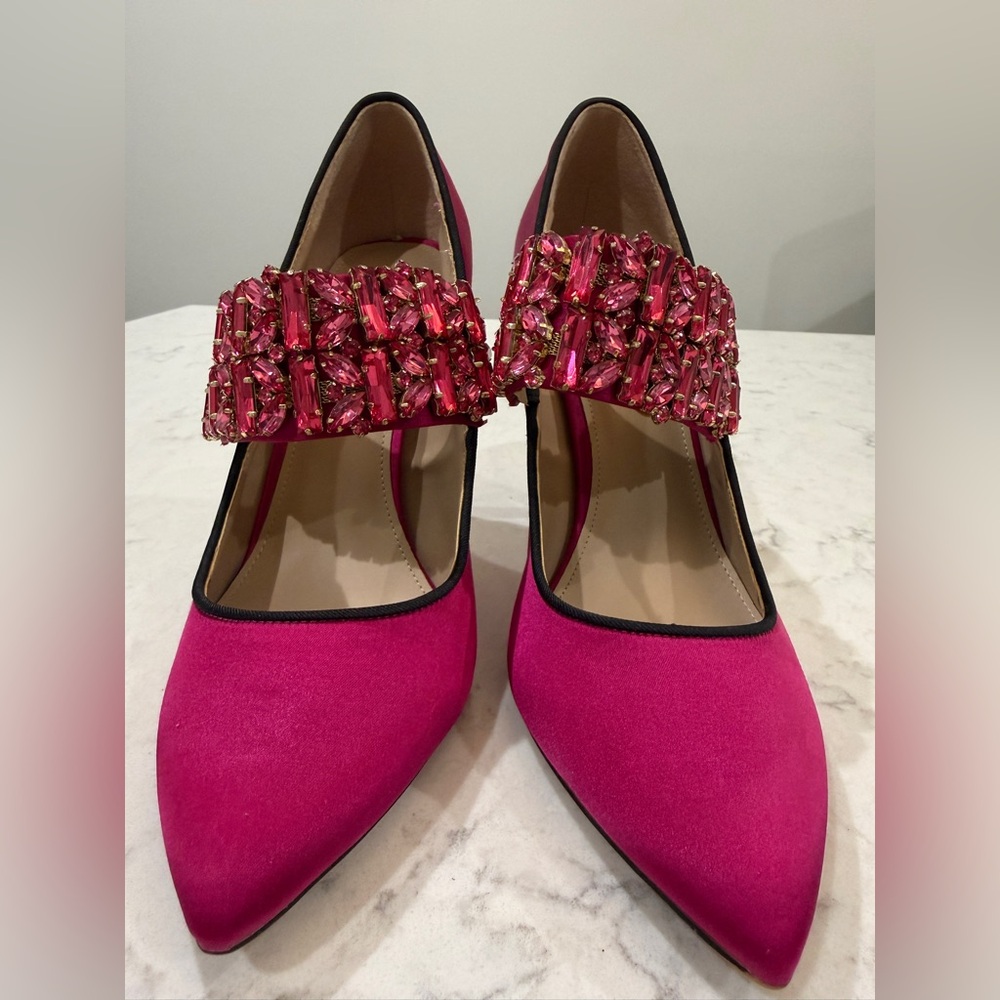 Karl Lagerfeld Paris Pink Satin Jeweled Mary Jane Heels Size 10M